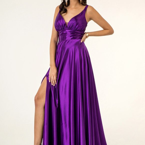 V-Neck Wide Waistband A-Line Long Dress GSGL2963 - Picture 1 of 3